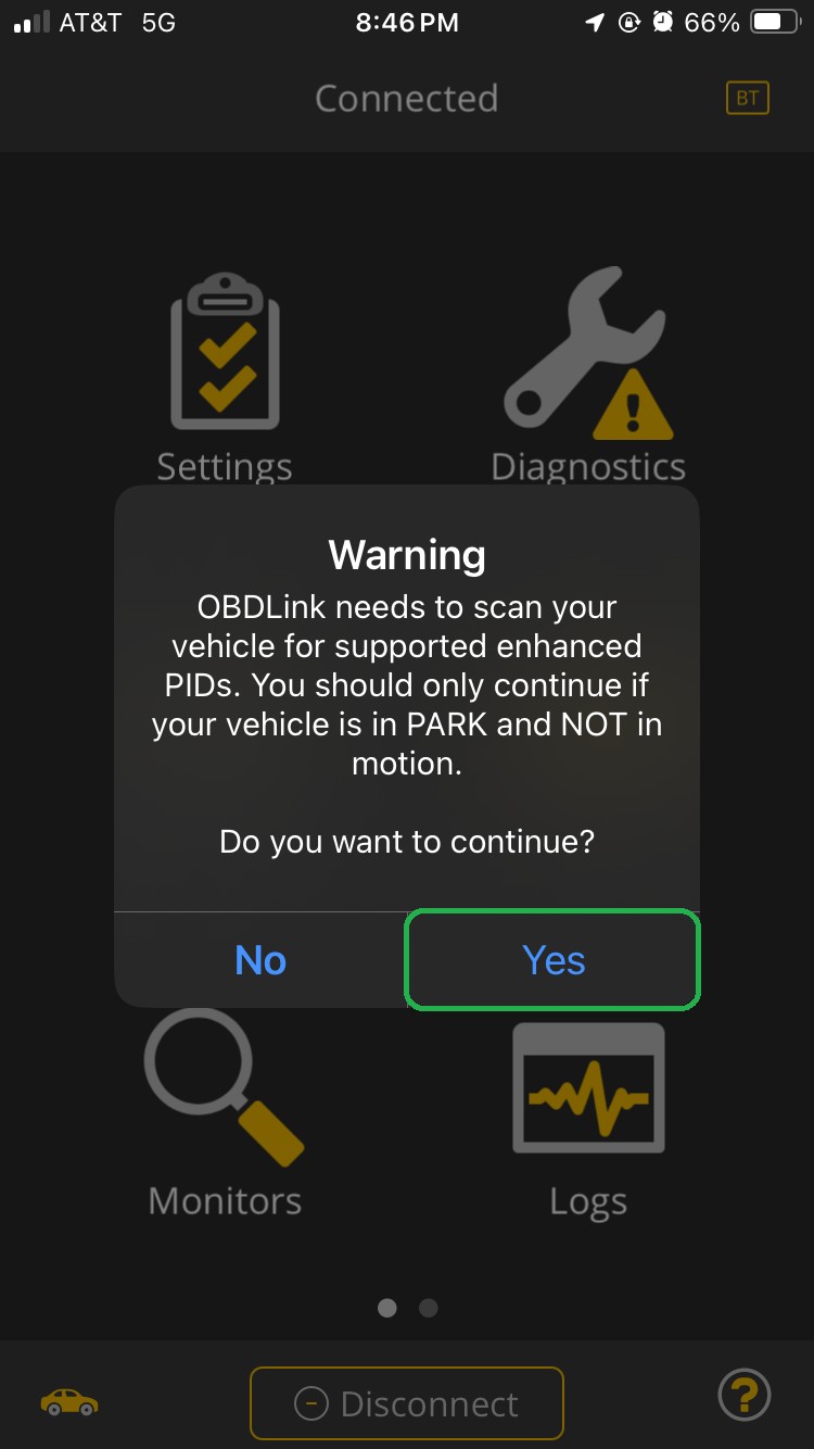 iOS screen showing a Warning message about scanning for PIDs. The Yes button is highlighted. 