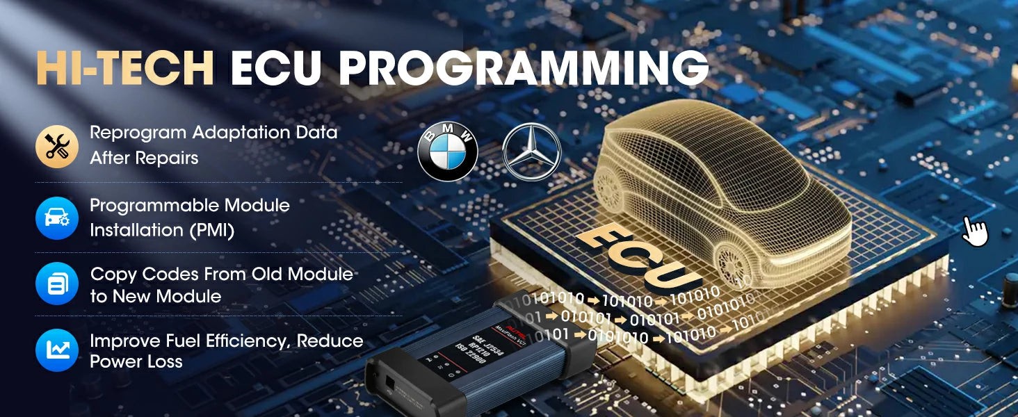 Autel diagnostic scan tool performing ECU programming, highlighting the tool's capability to enhance vehicle performance and resolve electronic issues.