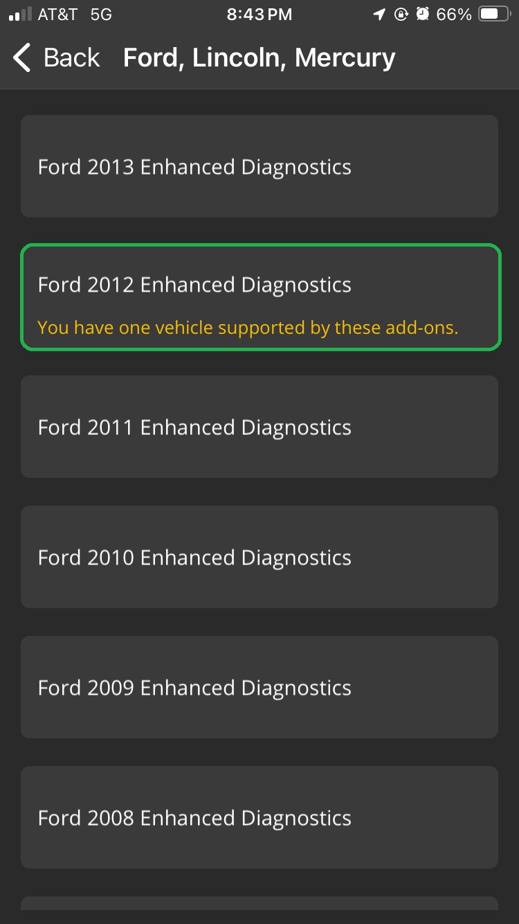 iOS screen listing Ford, Lincoln, Mercury enhanced diagnostics by model year. The Ford 2012 button is highlighted. 