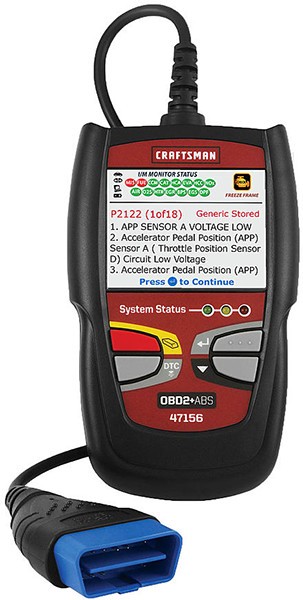 Craftsman OBD2 Scan Tool with ABS 47156: A close-up view of the car code reader, highlighting its user-friendly design for automotive diagnostics.