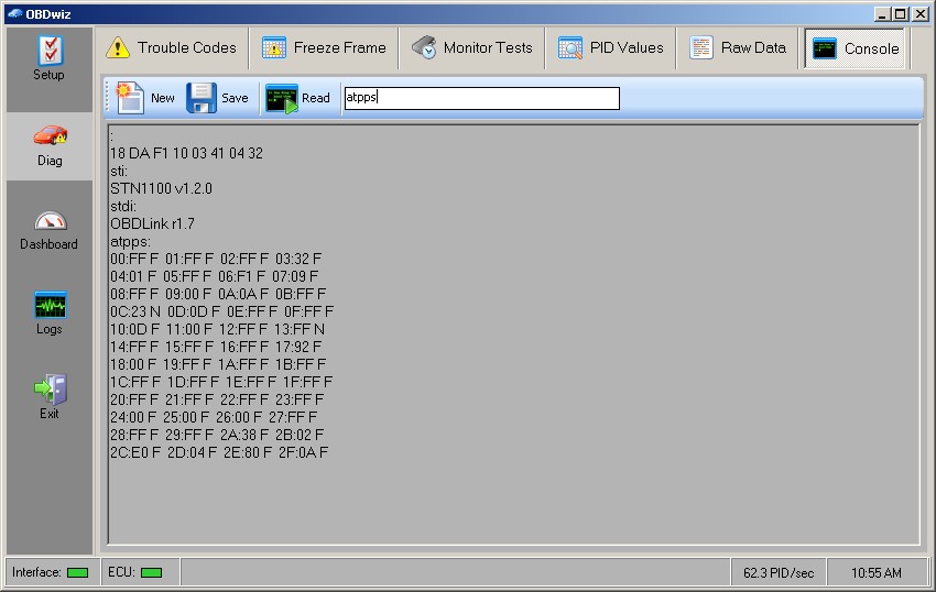 Console tab in OBDwiz for direct scan tool command input