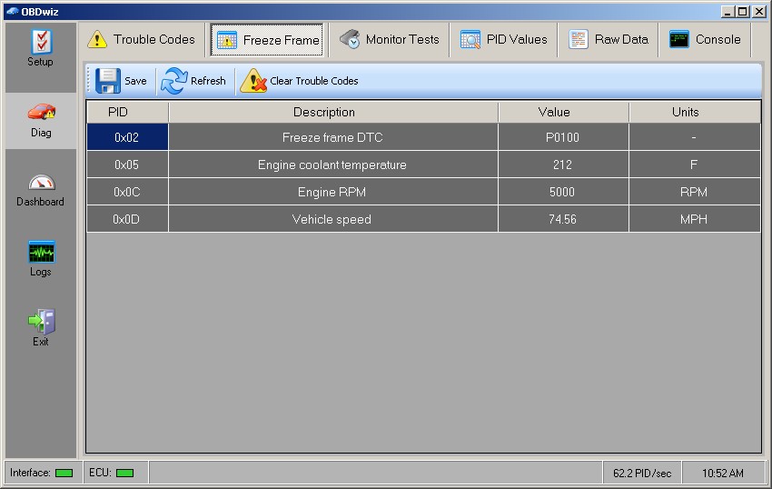 Freeze Frame data tab in OBDwiz showing vehicle parameters at DTC event