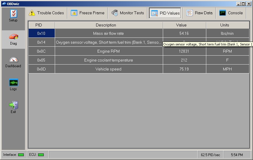 PID Values tab in OBDwiz presenting parameters in a table