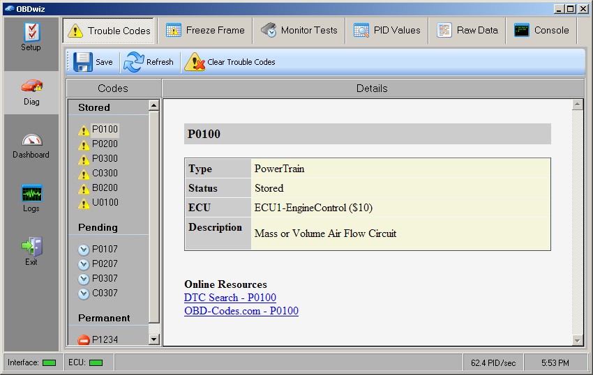 Trouble Codes tab in OBDwiz for DTC management