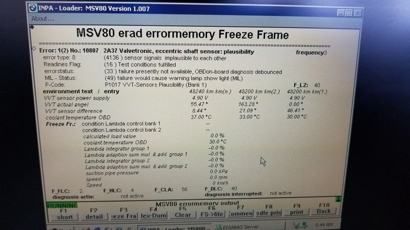 Error codes displayed by a BMW scan tool, indicating Valvetronic eccentric shaft sensor plausibility issues.