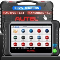 Autel Scanner MaxiCOM MK808S displaying diagnostic data on its color screen, highlighting system scanning and vehicle health information.