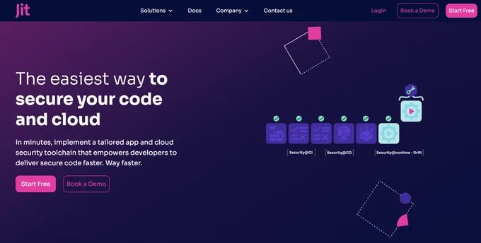 A dashboard view from the Jit platform with various security metrics displayed on a purple themed interface