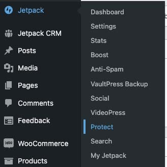 Jetpack Protect Menu in WordPress Dashboard