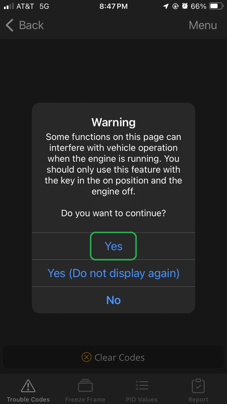 iOS Warning message about not running the engine during diagnostic testing. The Yes button is highlighted.