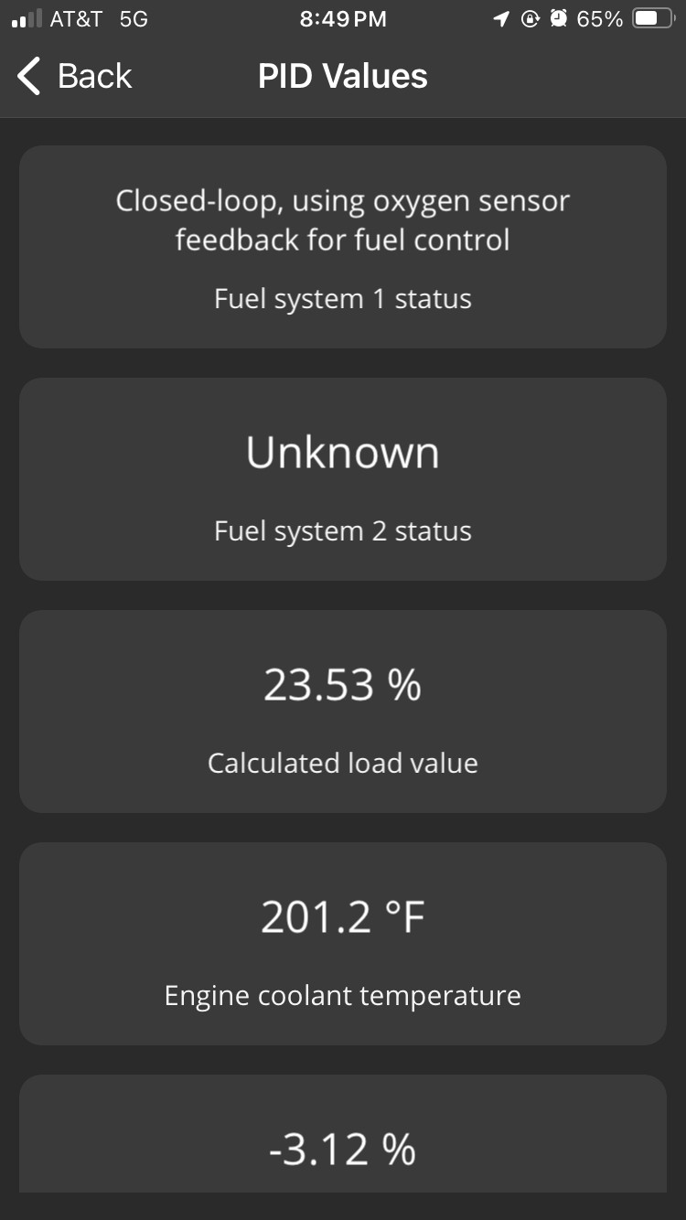 iOS screen showing a PID Values test report. 