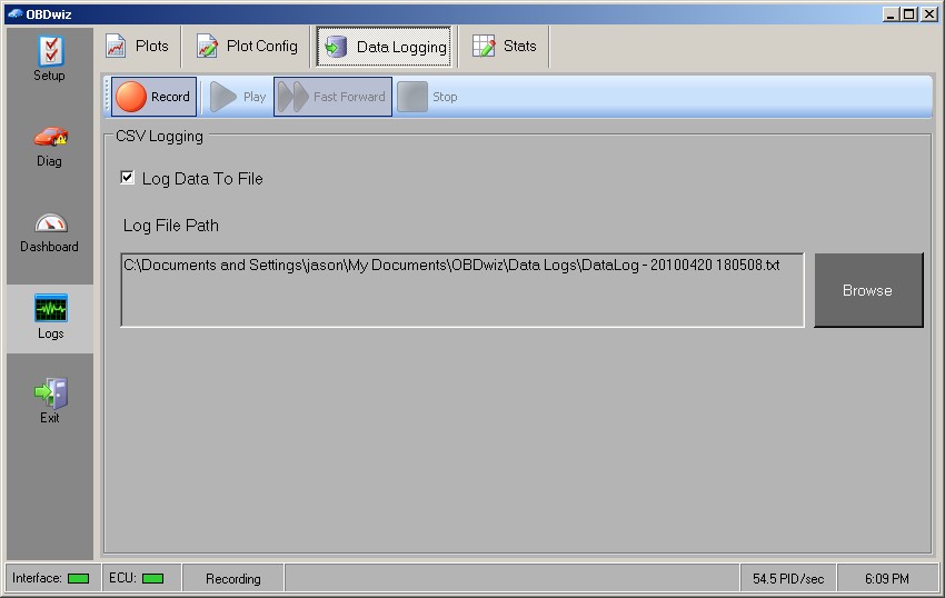 Data logging feature in OBDwiz for saving diagnostic sessions