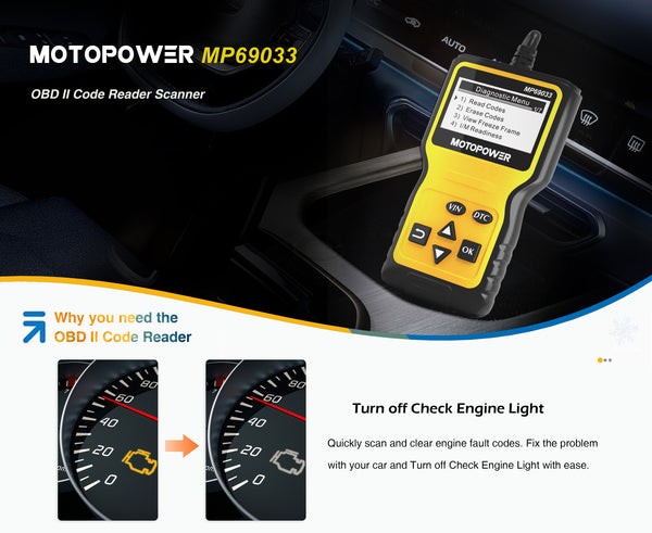 Close-up of the MP69033 OBD2 scan tool displaying diagnostic data on its LCD screen, highlighting its user-friendly interface for accessing vehicle health information directly.