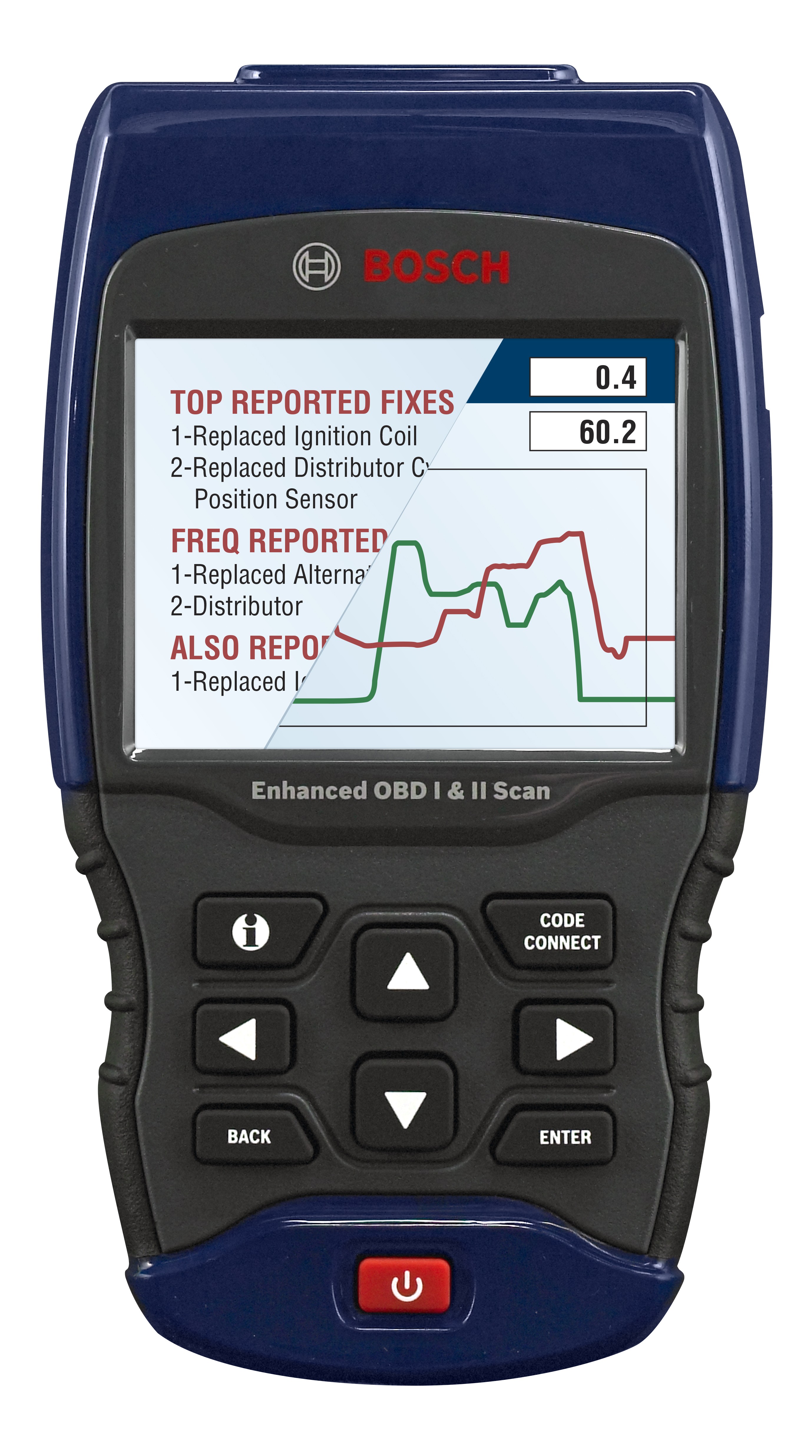 Bosch OBD 1300 enhanced OBD I and OBD II scan tool displaying vehicle diagnostic data on color screen.