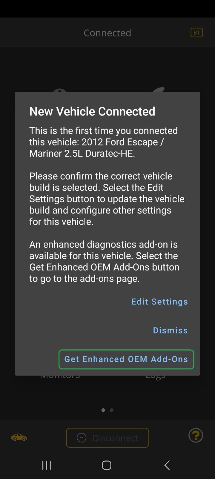 iOS screen showing initial connection message with "Get Enhanced OEM Add-Ons" highlighted for OBDLink app enhanced diagnostics download.