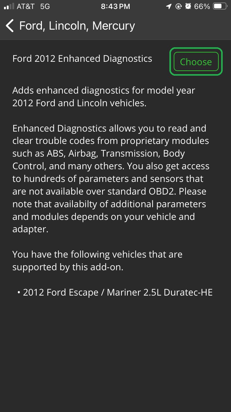 iOS screen showing Ford 2012 Enhanced Diagnostics information. The Choose button is highlighted. 