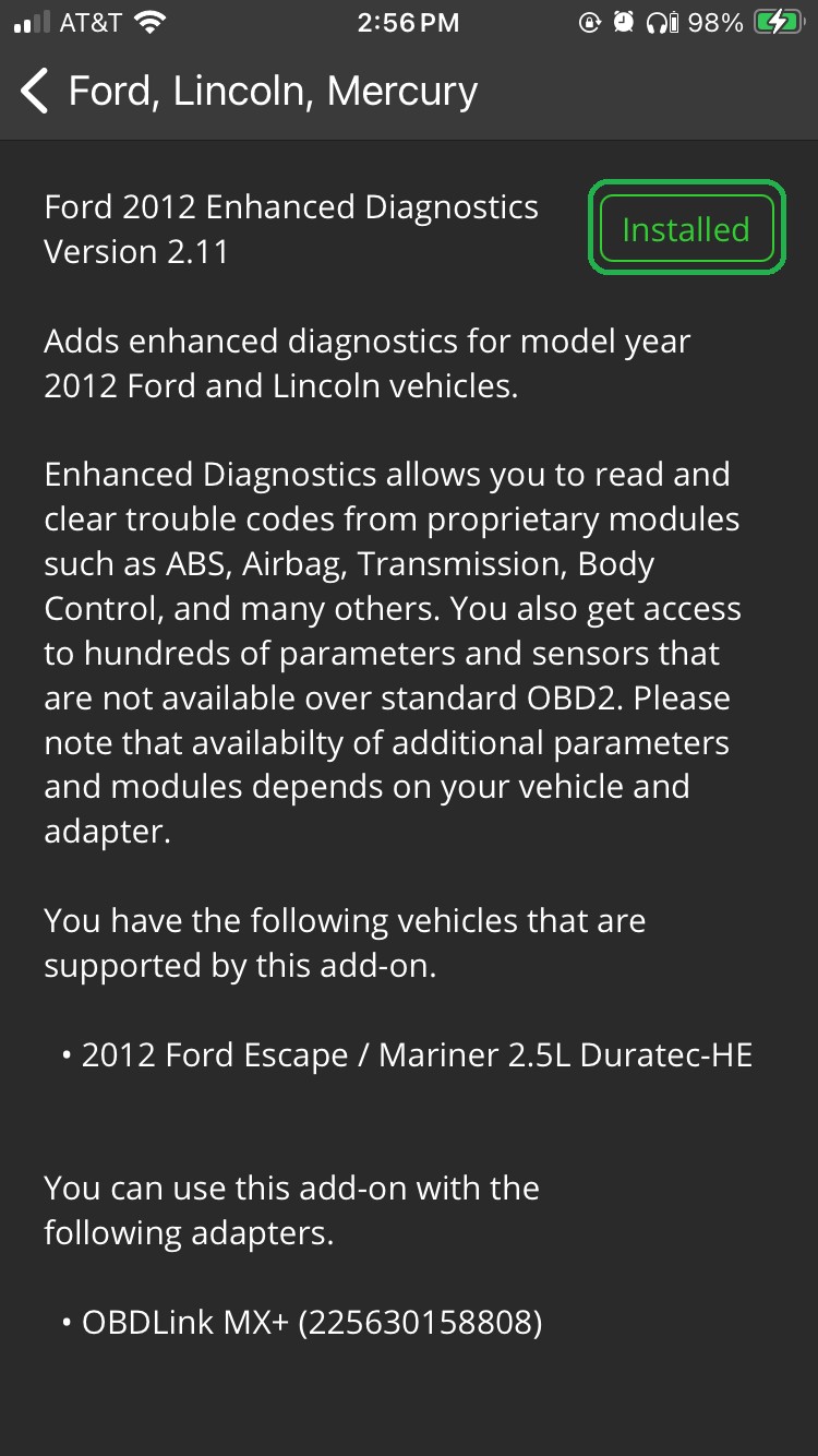 iOS screen showing Ford 2012 Enhanced Diagnostics information. The Installed button is highlighted.