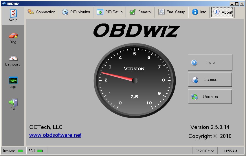 About tab in OBDwiz displaying software version information