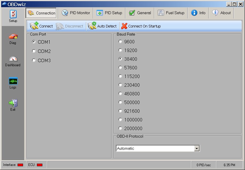 OBDwiz Connection tab for scan tool setup