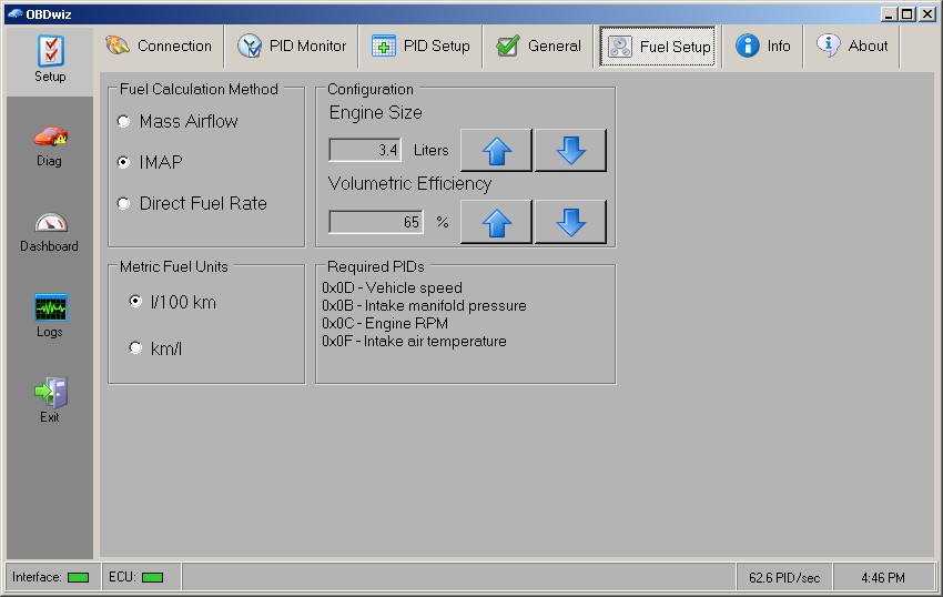 Fuel Setup tab in OBDwiz for MPG and liter per km configuration