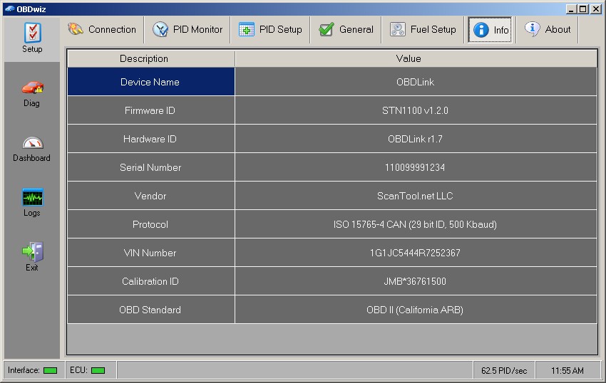 Info tab in OBDwiz showing scan tool and vehicle details