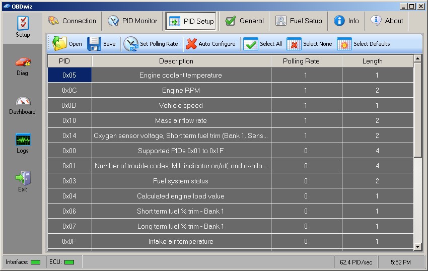 PID Setup tab in OBDwiz for parameter selection