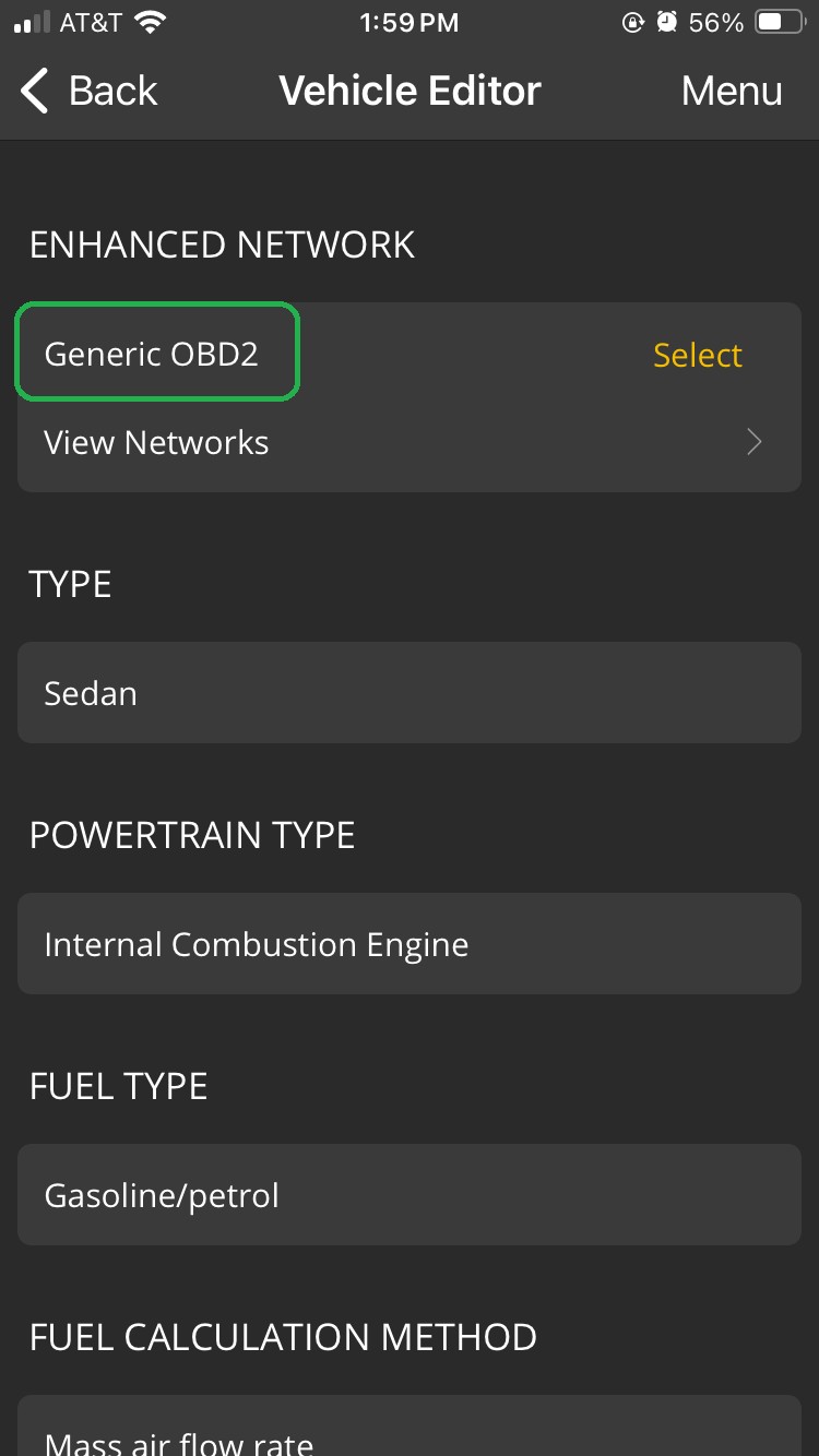 iOS Enhanced Network selection screen. The Generic OBD2 option is highlighted.