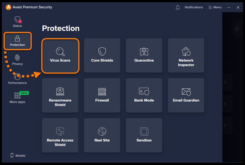 Navigating to Virus Scans in Avast Antivirus