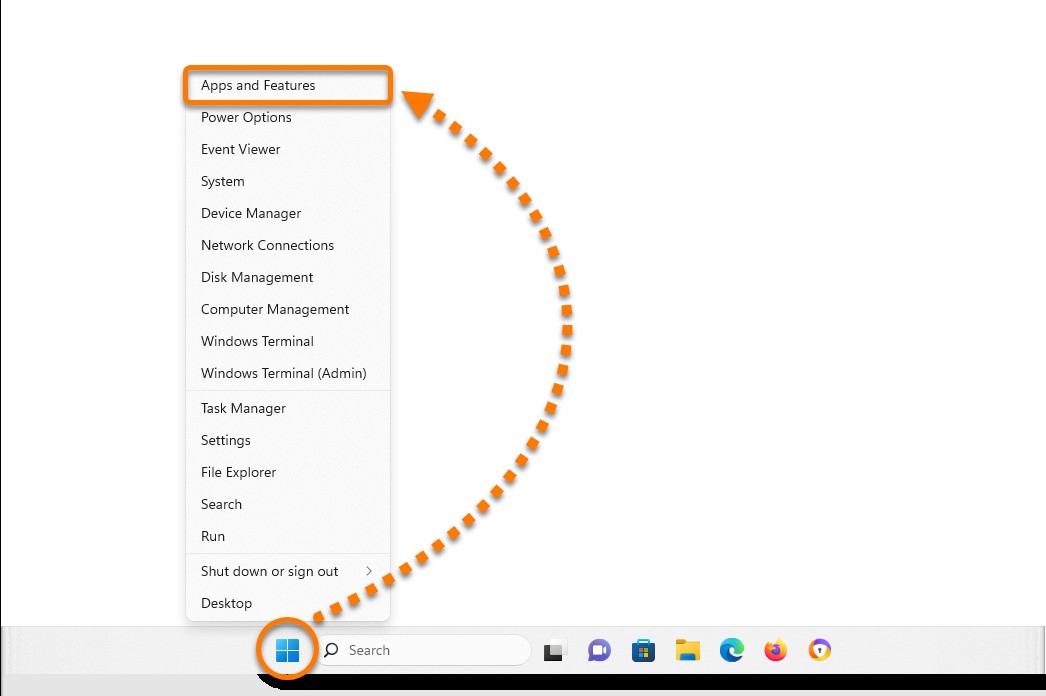 Windows Start icon leading to Apps and Features menu in Windows 11