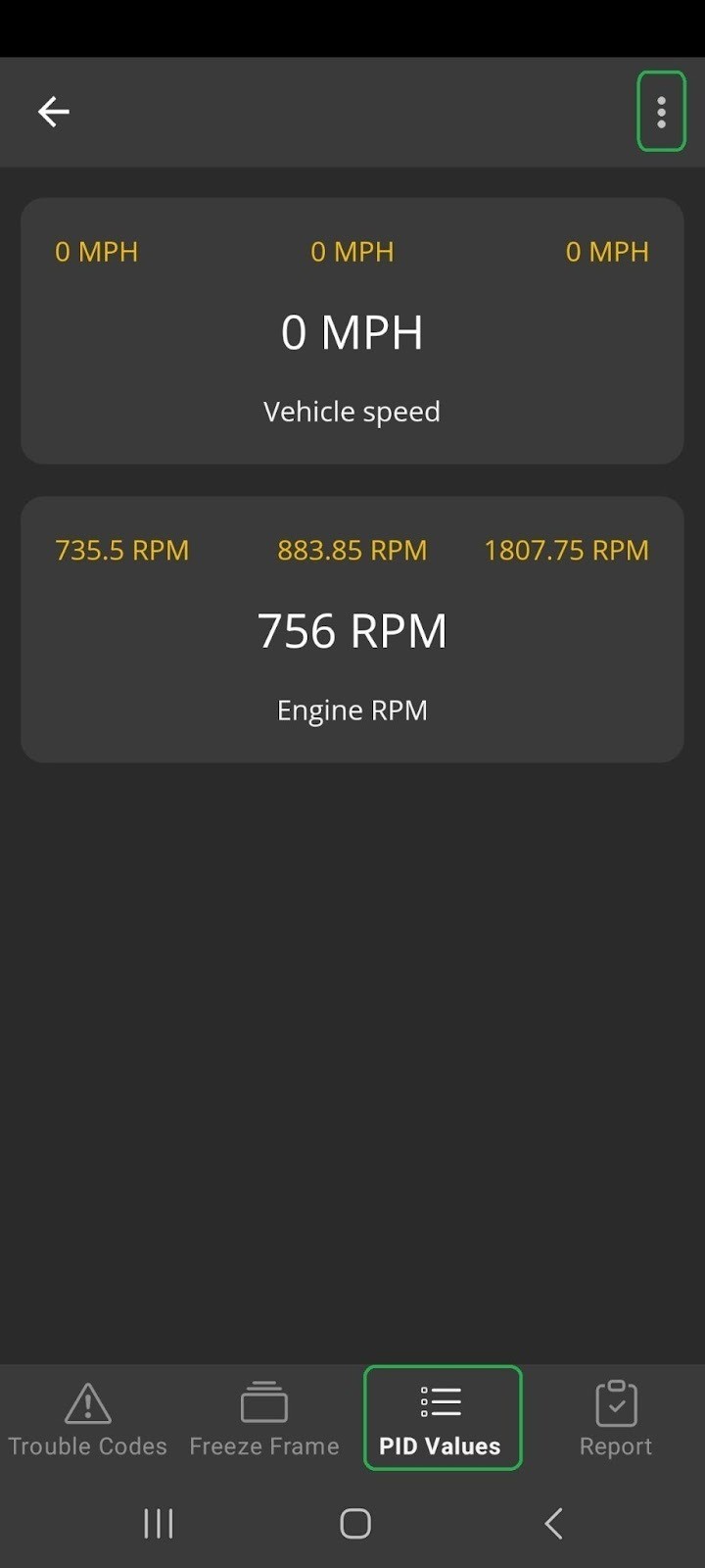 Android screen showing the PID Values tab. The menu (3 dots) button is highlighted.