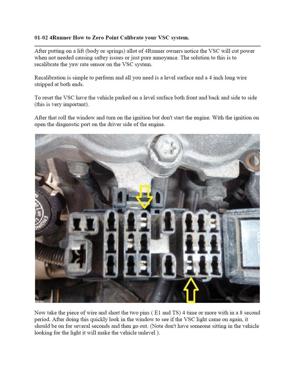 Page 1 of a VSC calibration guide for 2001-2002 Toyota 4Runner models, detailing steps for using the diagnostics port.