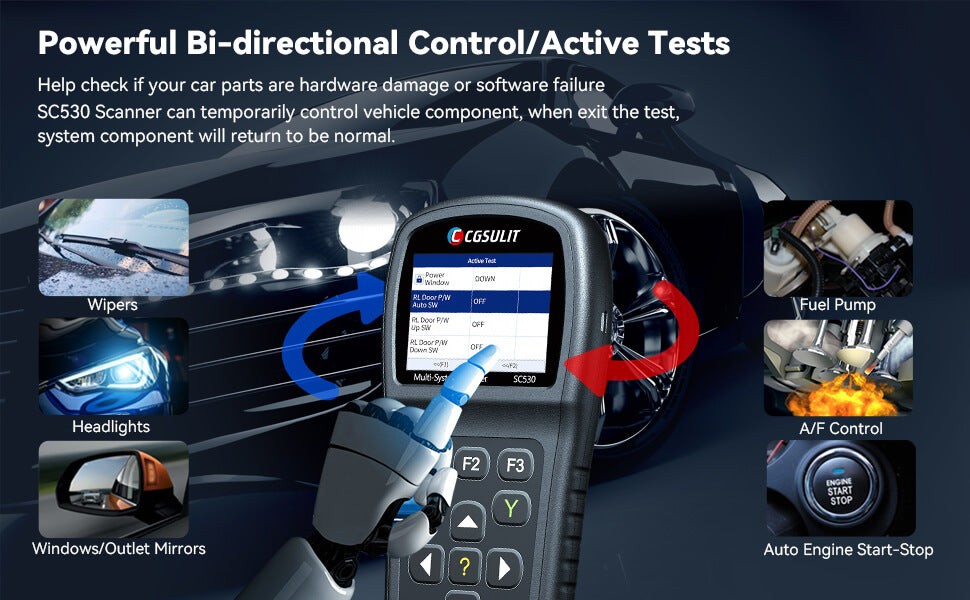 The CGSULIT SC530 allows for bidirectional control of various vehicle components, enabling precise diagnostics.