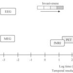 alt text: Comparison of spatial and temporal resolutions of different brain scanning techniques. The size of the box represents spatial resolution, while the shading represents invasiveness.